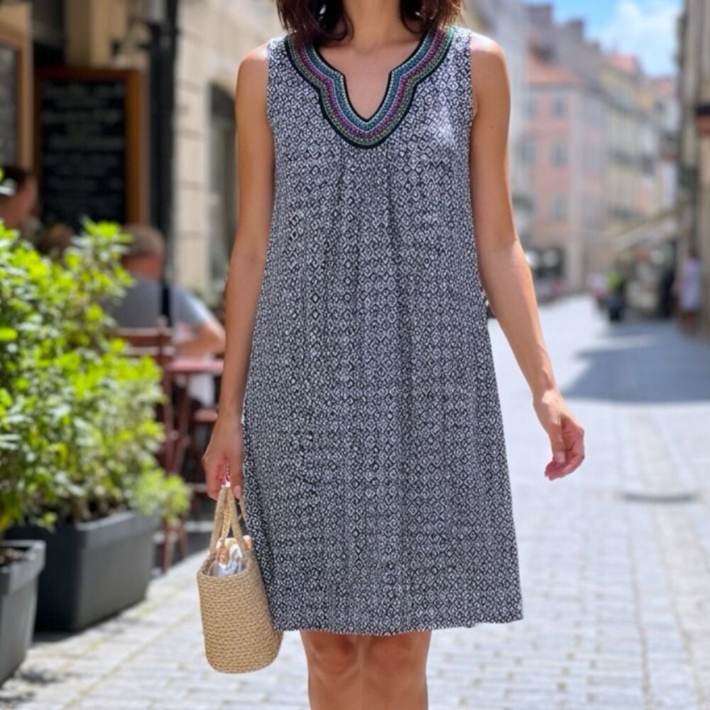 Rafaella Dress S Boho Embroidered Neck Cotton Shift Black White Boho Resort wear